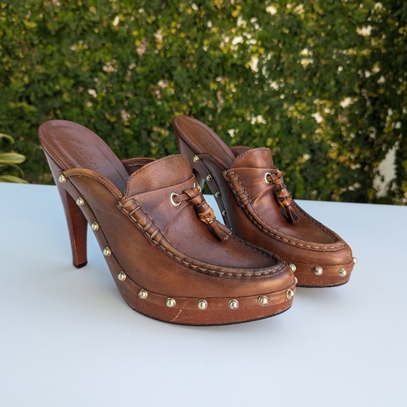Gucci Brown Leather Mules with Metallic Gold Studs - Picture 2 of 13